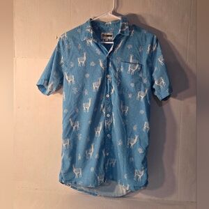 Tipsy Elves Blue Short Sleeve Button Up Shirt with White Llama Patterns Size M
